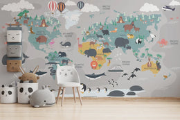 Whimsical Animals World Map Peel and Stick Kids Wallpaper image 2