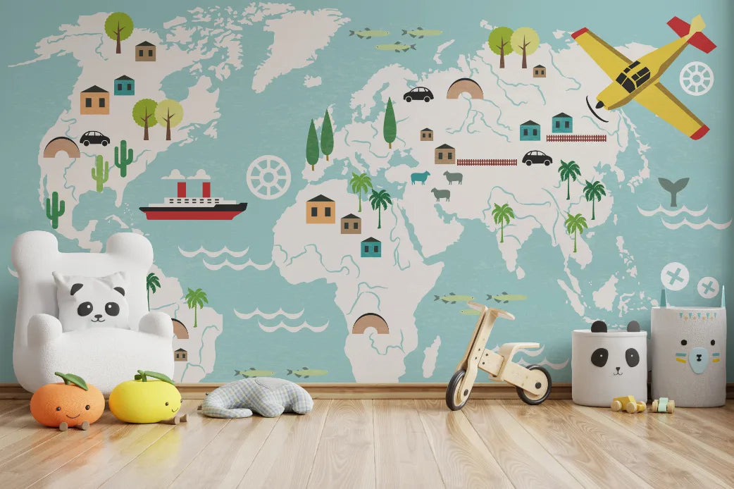 World Map Blue Child Room Peel and Stick Wallpaper image 0