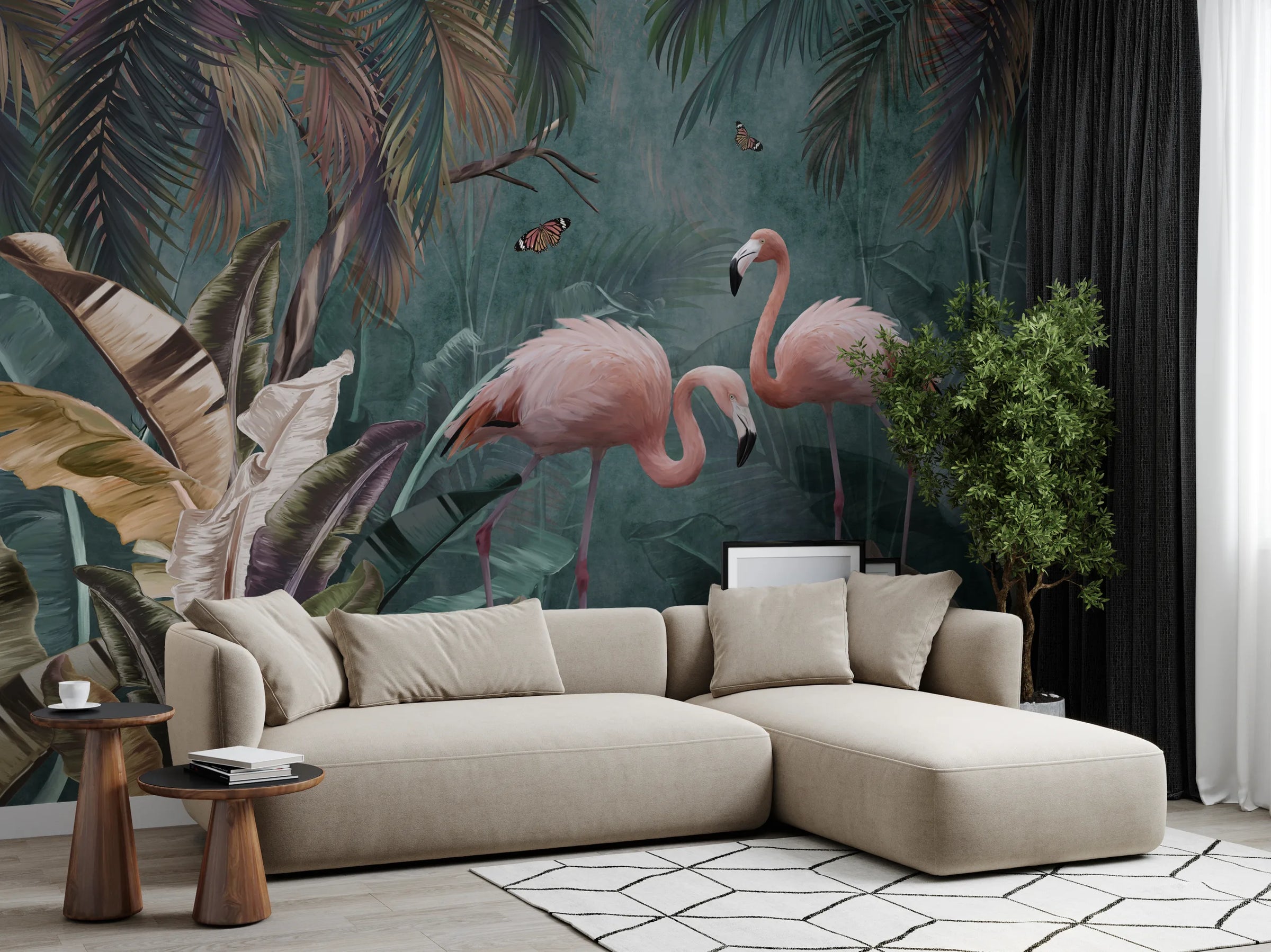 Pink Flamingo Tropical Peel and Stick Wallpaper | Teal Green Jungle Wallpaper image 2