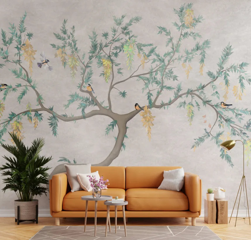 Flowering Tree Birds Wallpaper | Beige Peel-and-Stick Nature Mural image 4