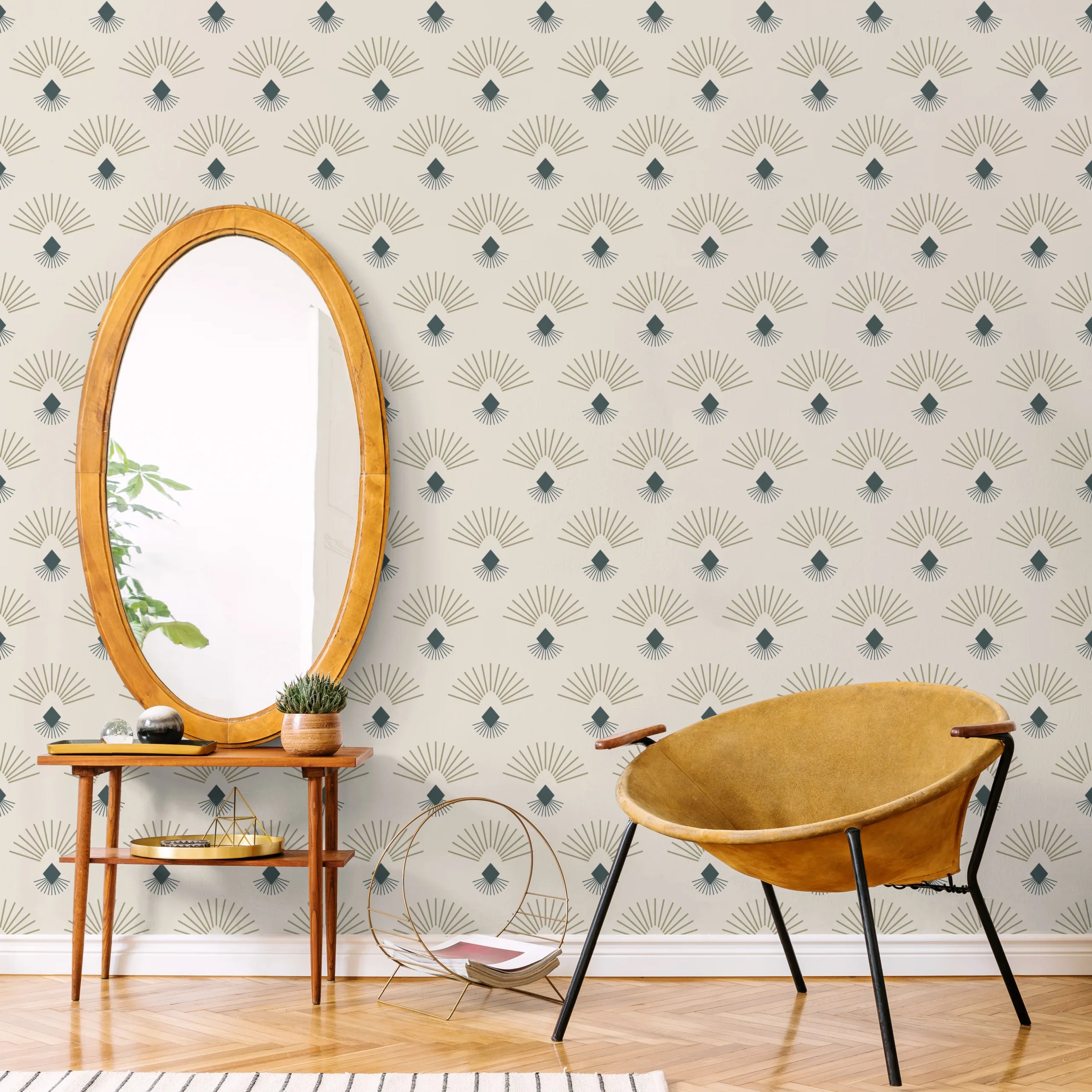 Mid Century Art Deco Wallpaper | Fan Pattern Beige Teal Peel and Stick Decor image 2
