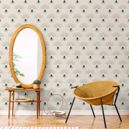 Mid Century Art Deco Wallpaper | Fan Pattern Beige Teal Peel and Stick Decor image 2