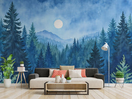 Elegant bedroom wall design showcasing deep blue foggy forest scene, ideal for calming modern bedroom interior