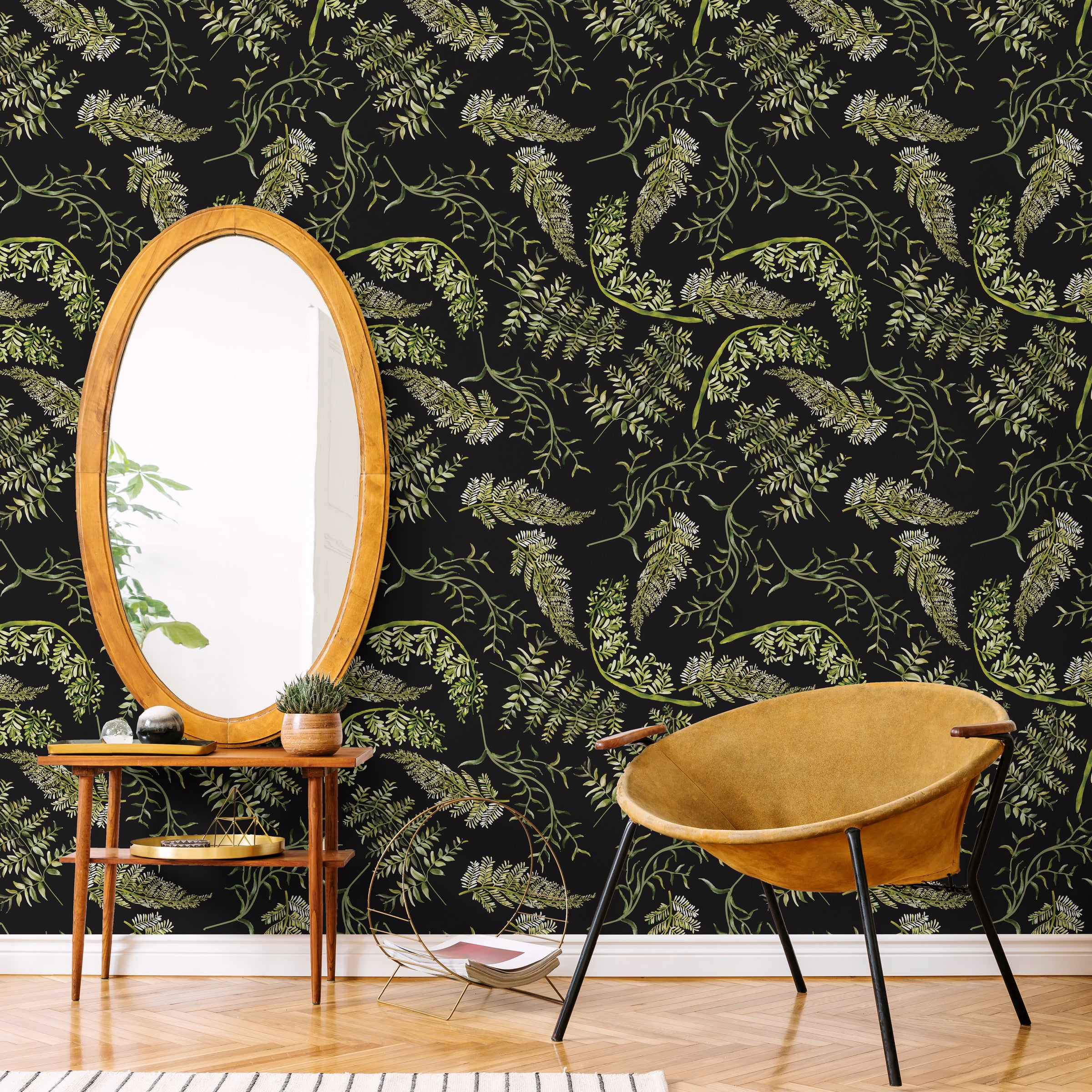 Dark green fern wallpaper botanical design for creative workspace wall enhancement