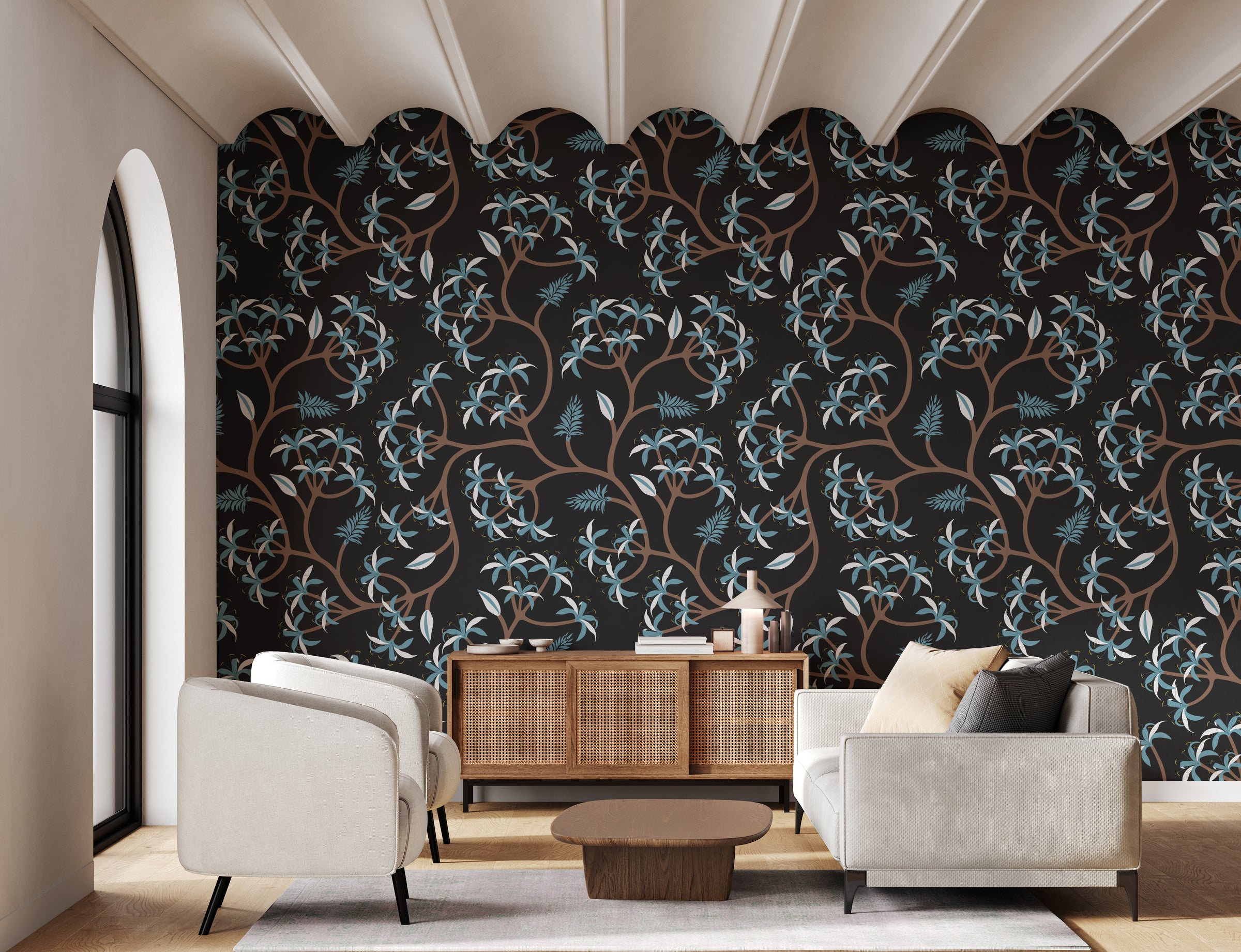 Stylish living room accent wall wallpaper featuring dark botanical blue vine design, modern decor