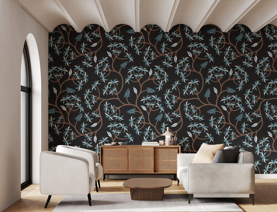 Dark Vine Floral Peel and Stick Wallpaper Botanical Leaf Foliage Home Decor