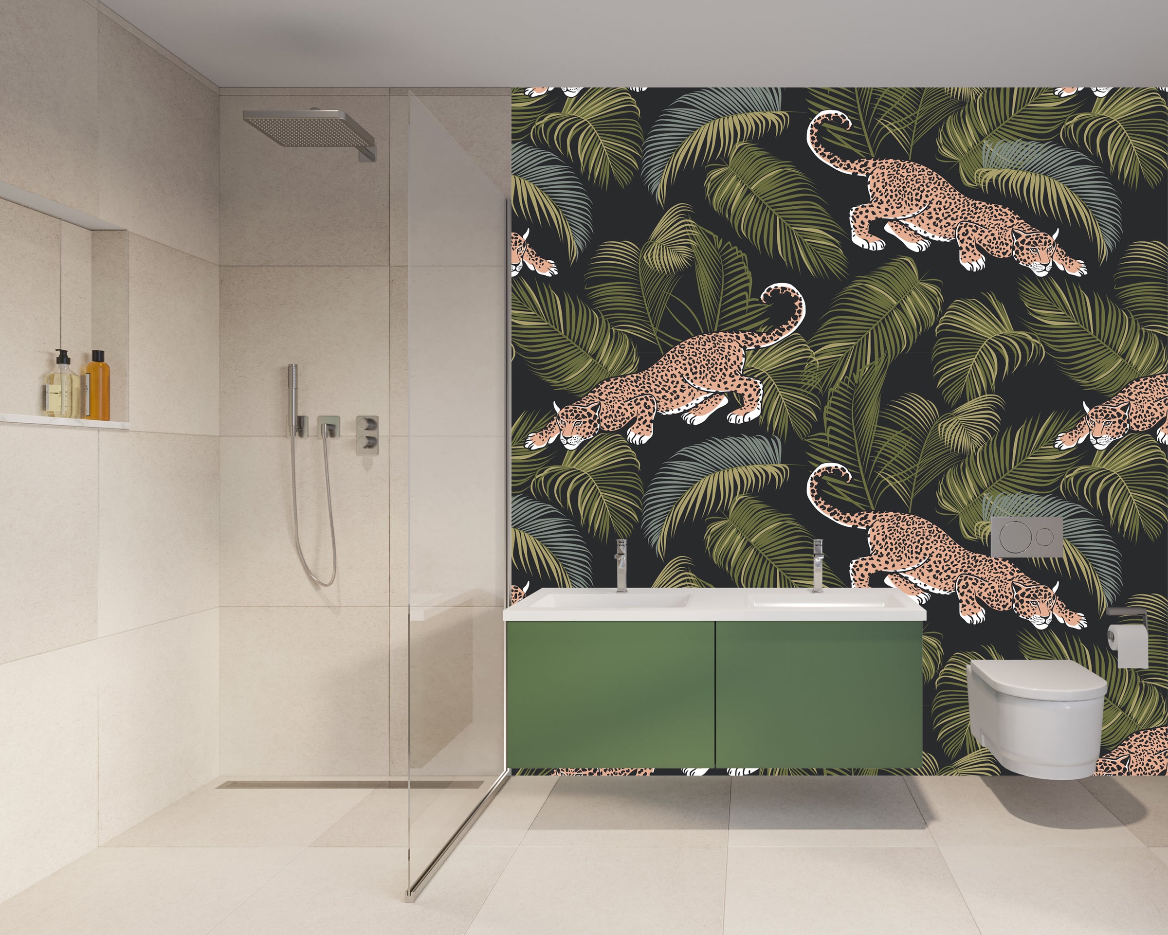 Tropical leopard wall design with green leaves and black backdrop for bathroom wall decor