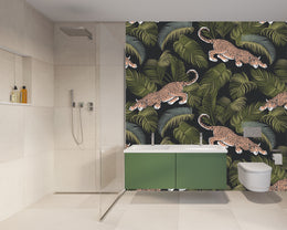 Tropical leopard wall design with green leaves and black backdrop for bathroom wall decor