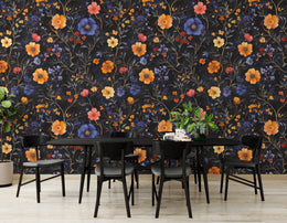 Bold multicolor botanical blooms on dark base, great for sophisticated dining room accents