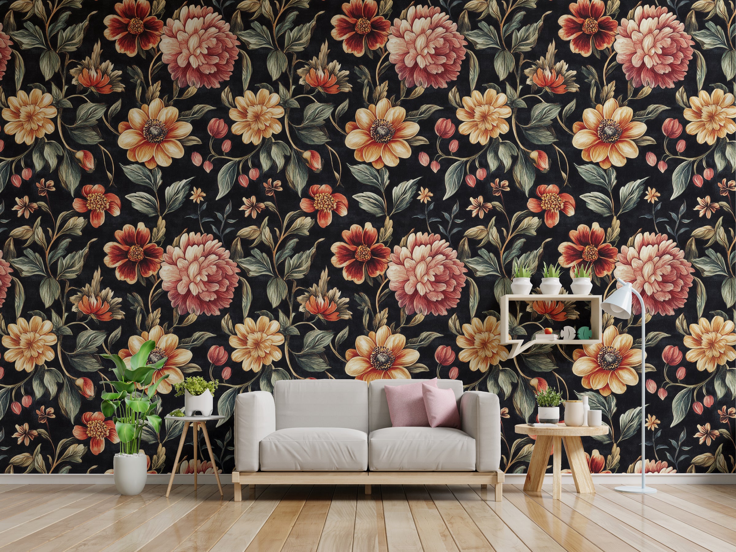 Vintage floral wallpaper with rich colors transforming elegant guest room wall decor