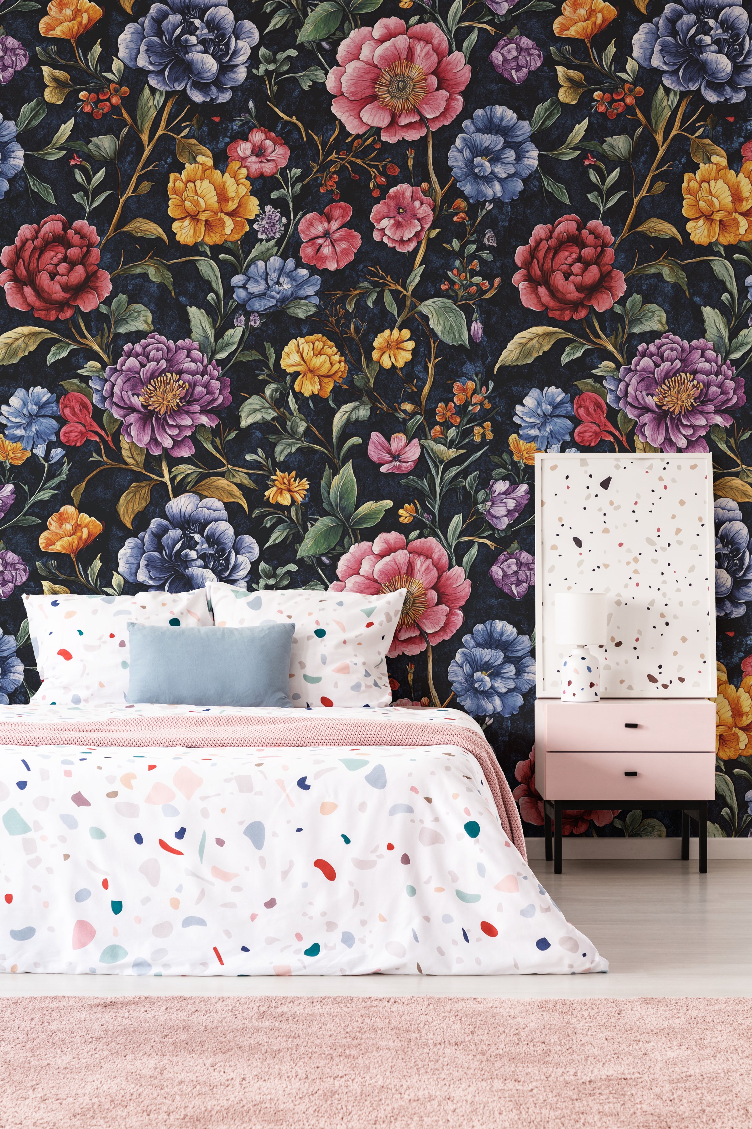 Elegant bedroom accent wall wallpaper showcasing colorful vintage flowers on dark background, perfect for cozy interior decor