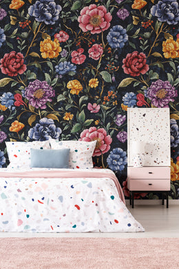 Elegant bedroom accent wall wallpaper showcasing colorful vintage flowers on dark background, perfect for cozy interior decor