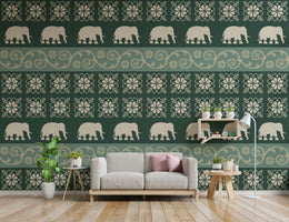 Green elephant wall mural traditional pattern for elegant living room interior