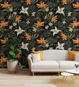 Tropical foliage pattern with floral elements bringing warmth to stylish guest room interiors