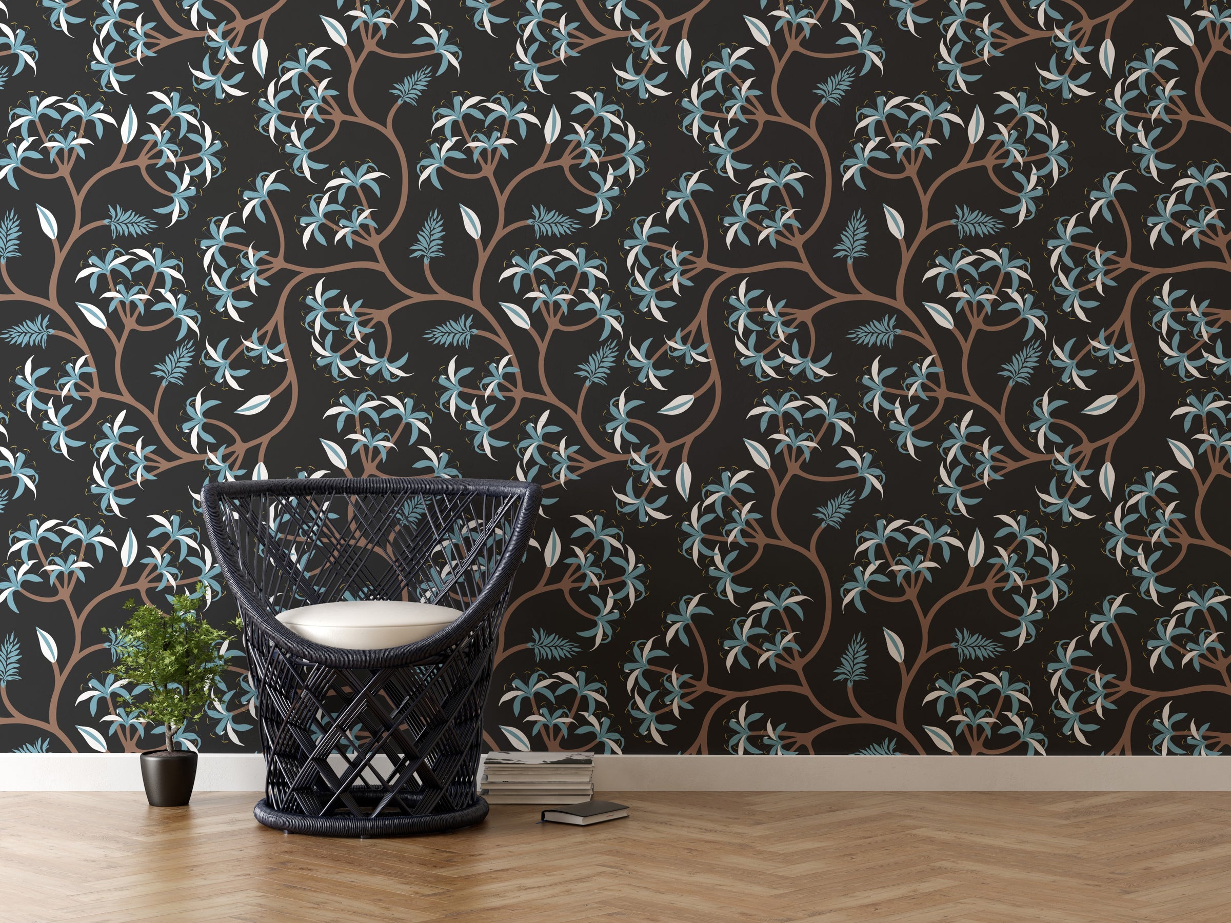 Trendy apartment living space accent wall wallpaper with dark floral vine and blue leaf highlights