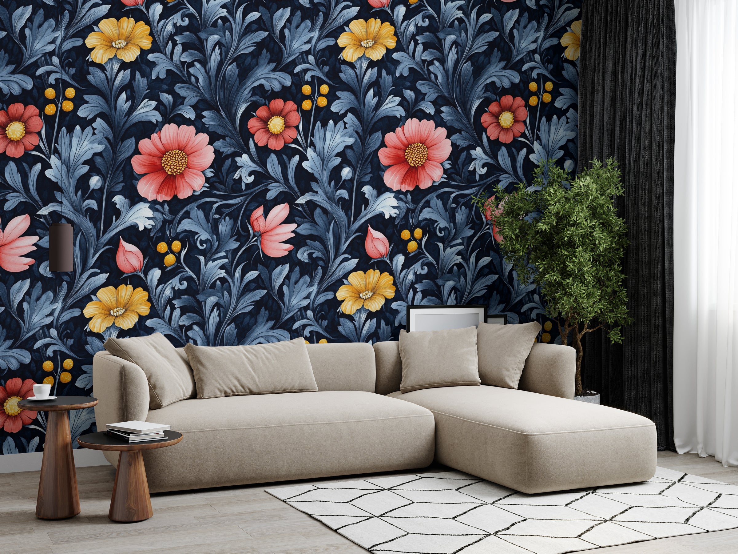 Living room navy floral wallpaper featuring coral blooms and elegant leafy botanical pattern