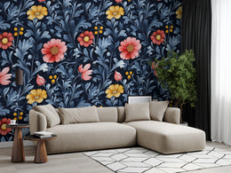 Living room navy floral wallpaper featuring coral blooms and elegant leafy botanical pattern
