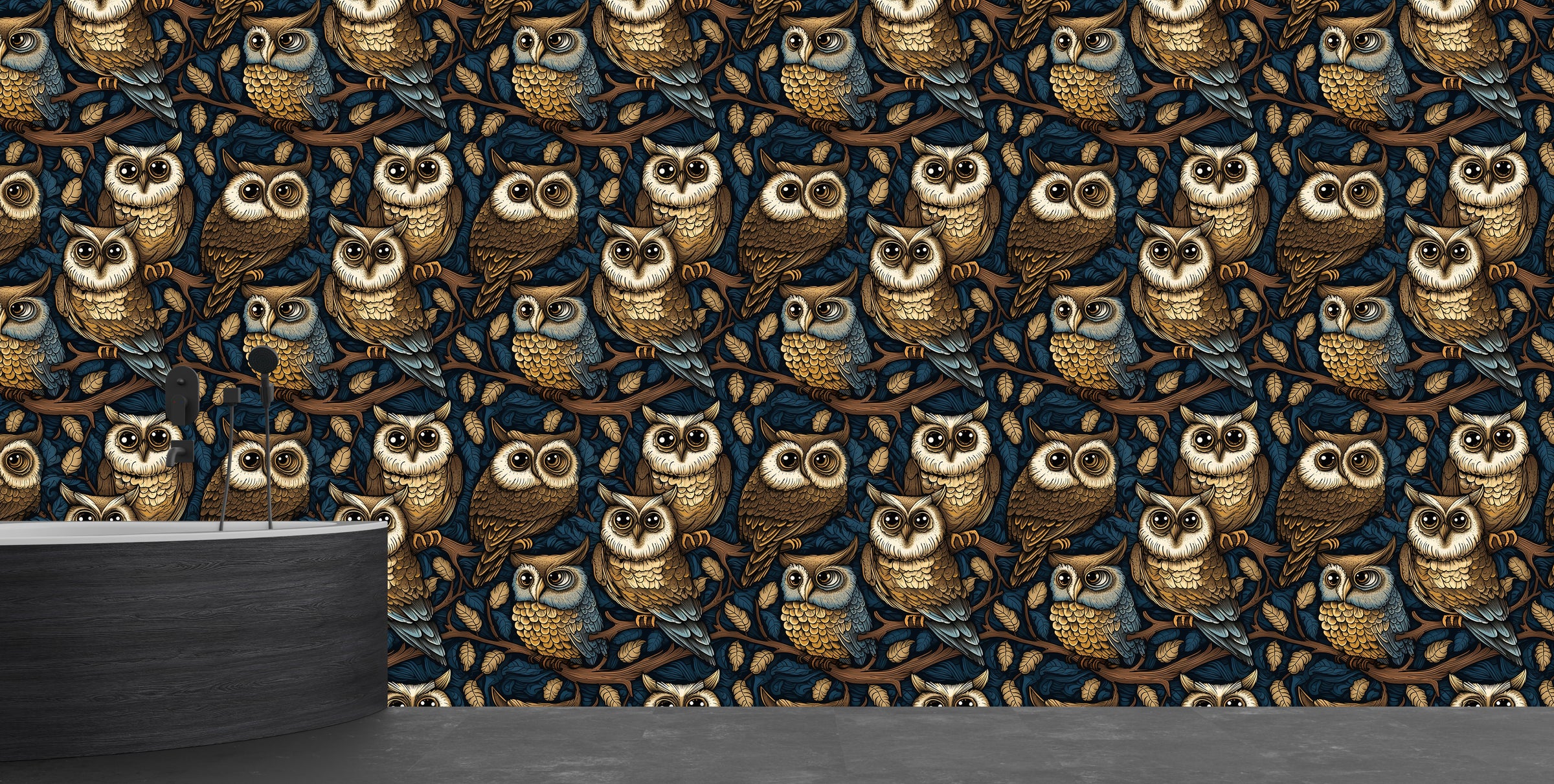 High detail owl pattern wallpaper with rustic branches for luxury bathroom accent wall