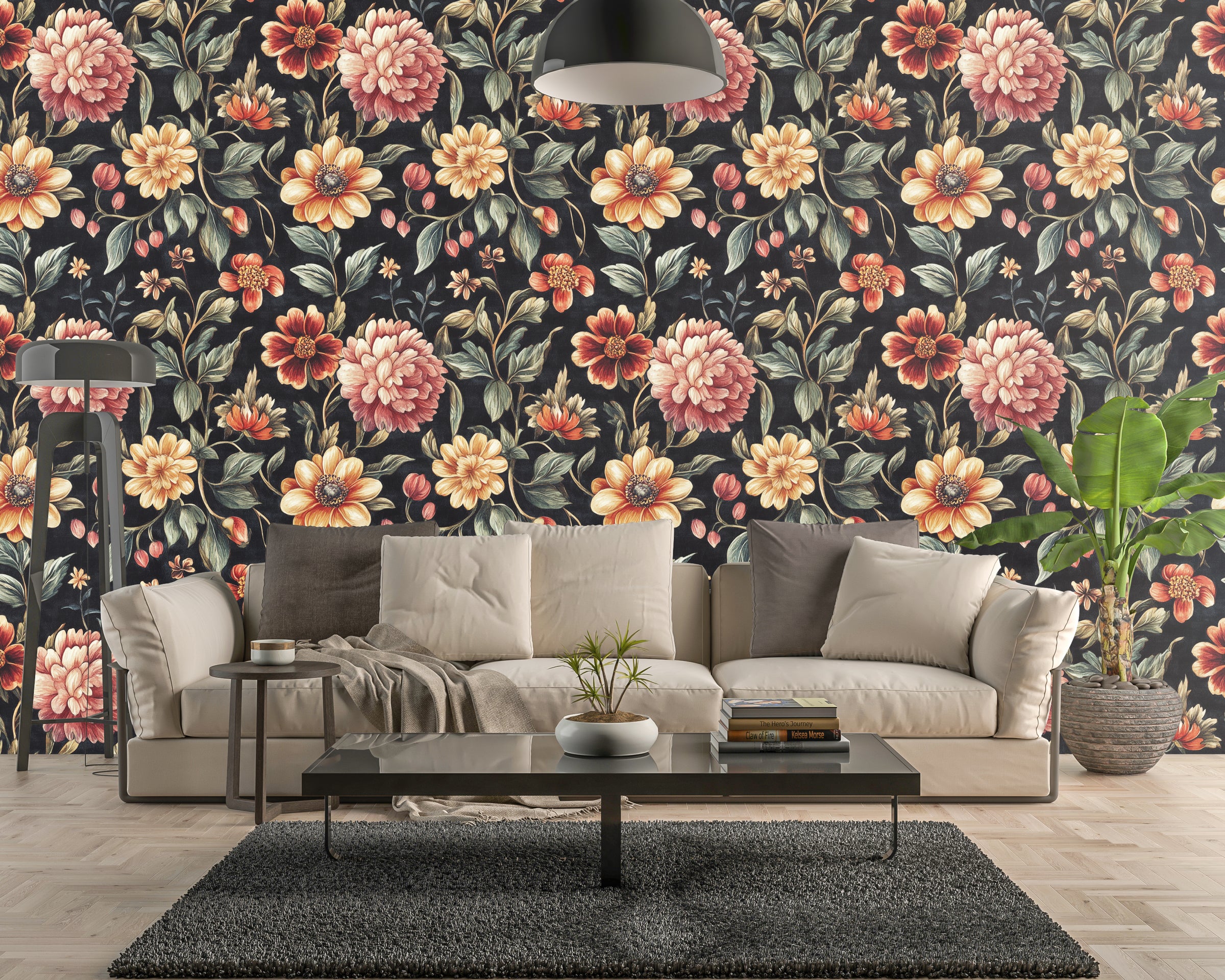 Vintage floral wallpaper with dark background and warm blooms for living room accent wall