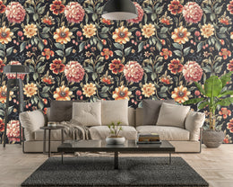 Vintage floral wallpaper with dark background and warm blooms for living room accent wall