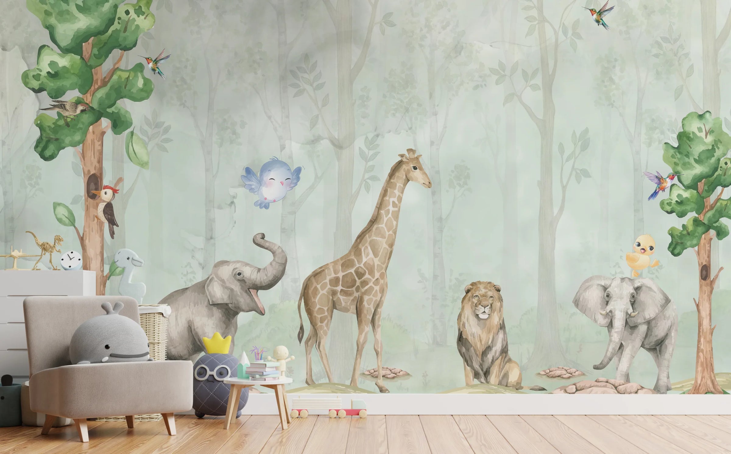 Watercolor Safari Animal Wall Mural | Green Jungle Peel and Stick Wallpaper image 0