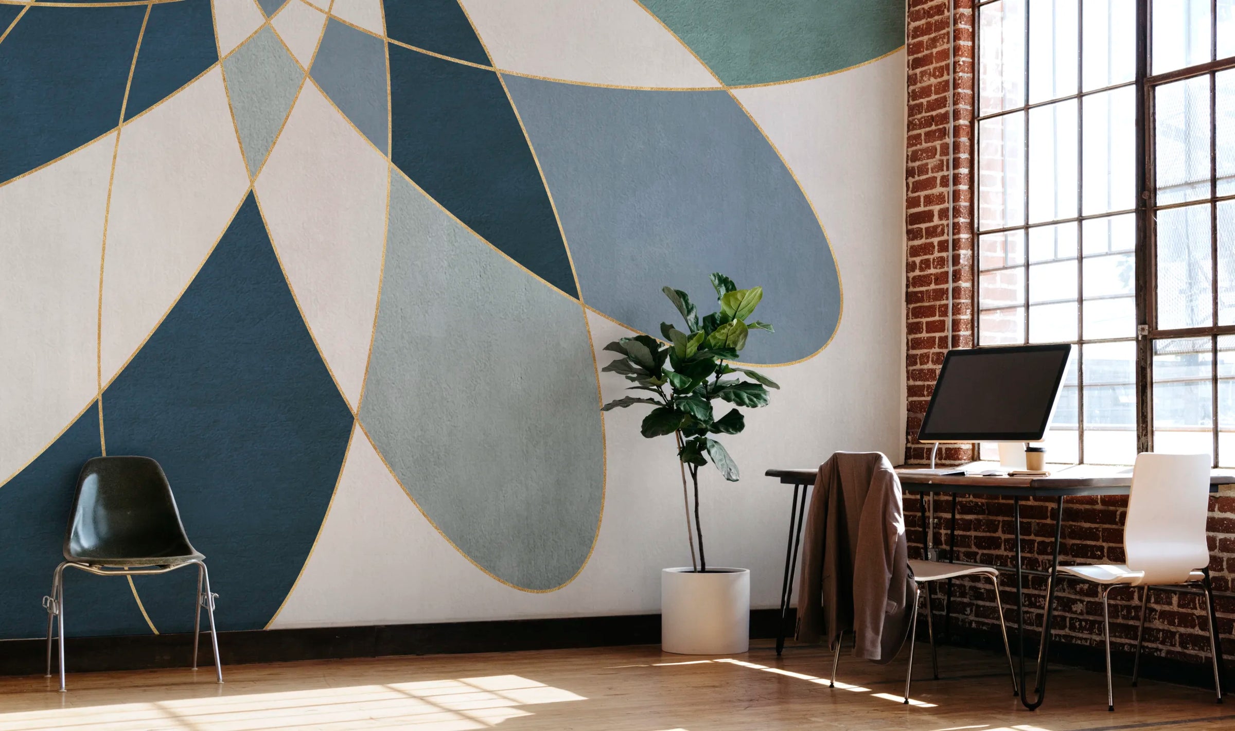 Blue Gold Geometric Wall Mural | Abstract Peel and Stick Wallpaper image 4