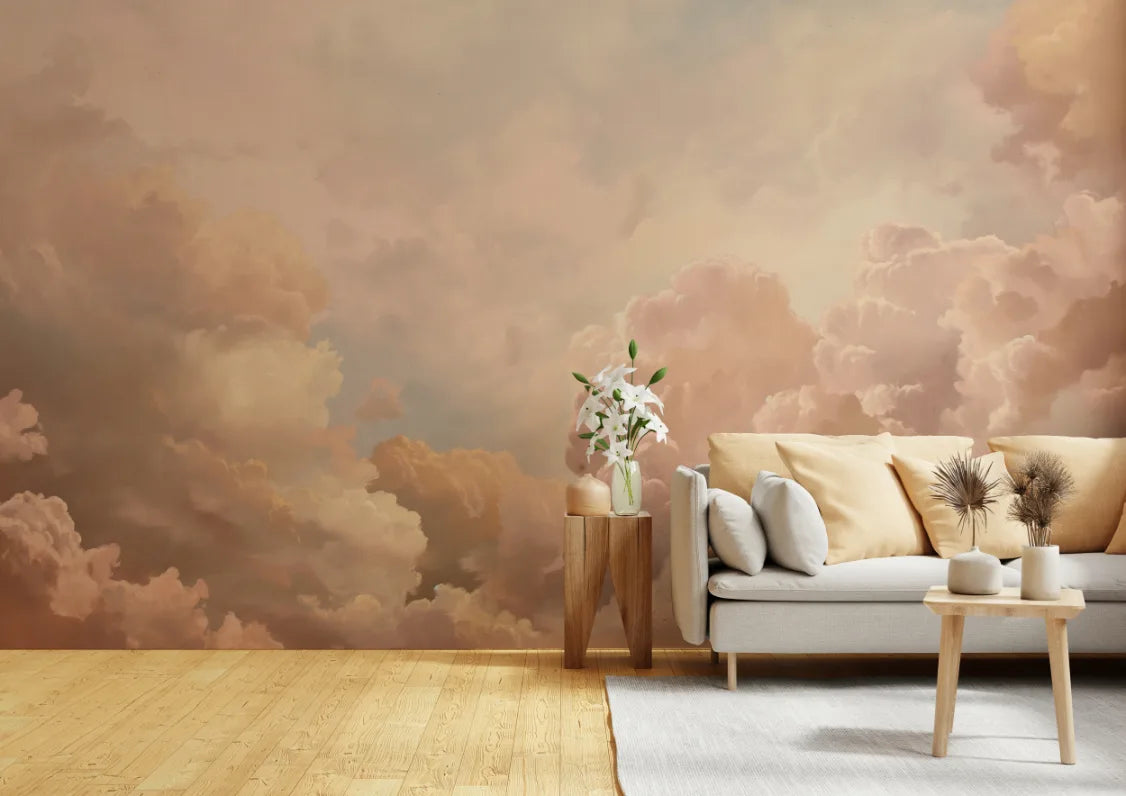 Soft Cloud Aesthetic Sky Mural| Peach Beige Color Peel and Stick Wallpaper image 2