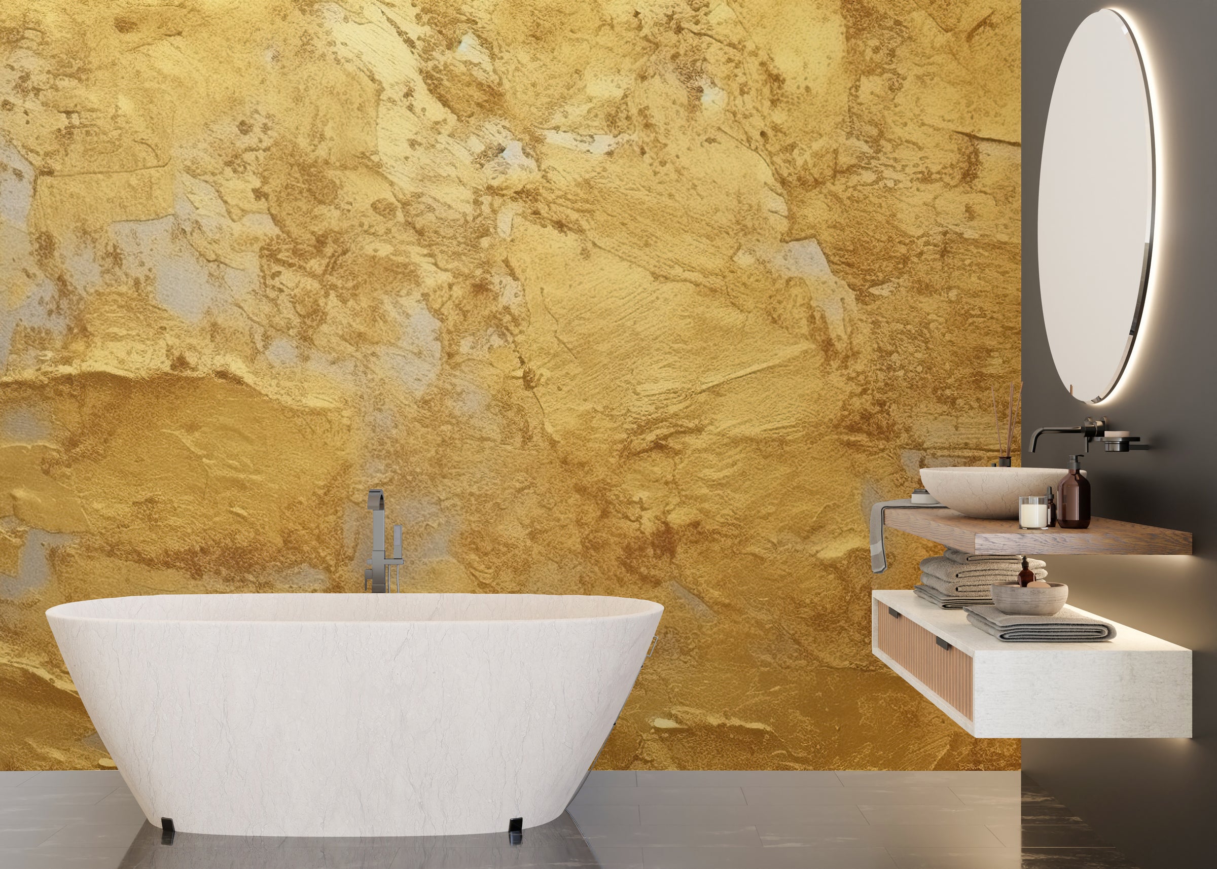Gold texture wallpaper peel and stick stone finish modern bathroom accent wall
