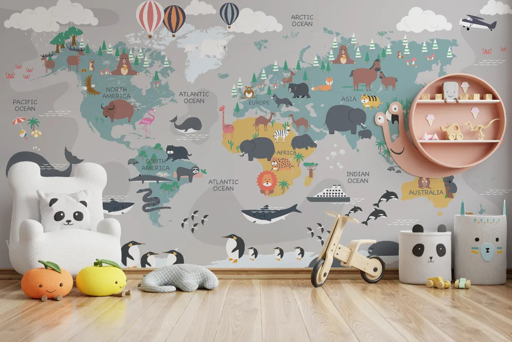 Whimsical Animals World Map Peel and Stick Kids Wallpaper image 3