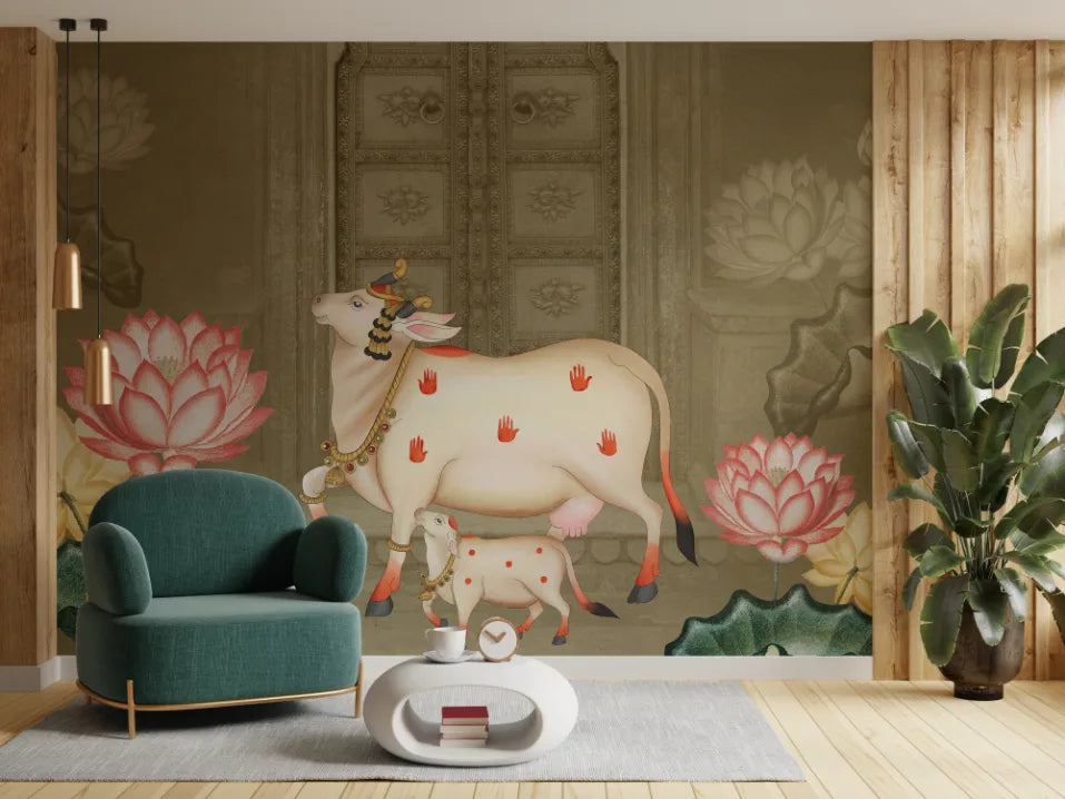 Sacred Pichwai Kamdhenu Wallpaper | Indian Cultural Removable Wall Mural image 3