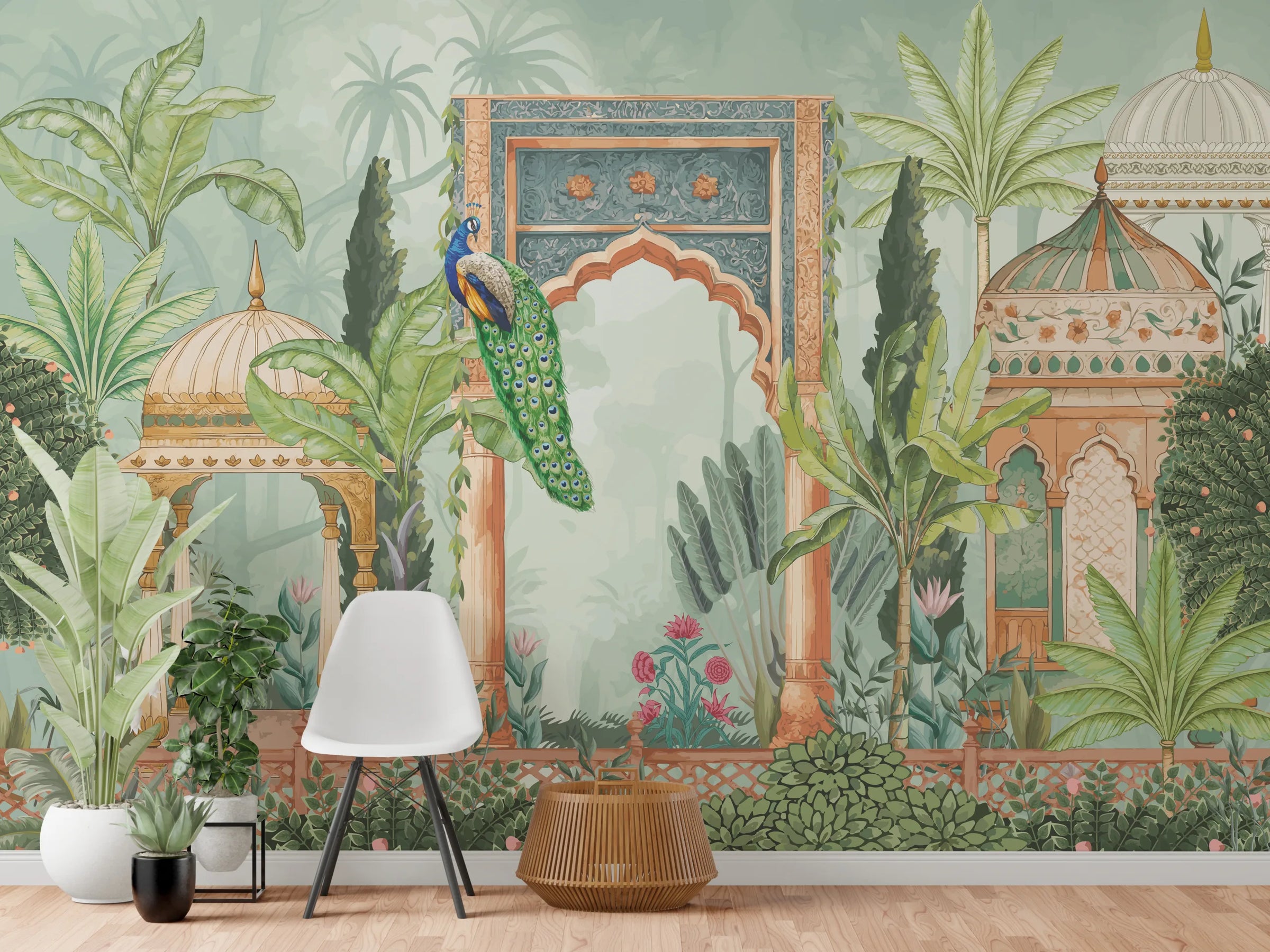 Peacock Palace Indian Wallpaper | Green Tropical Peel and Stick Living Room Decor image 4