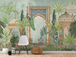Peacock Palace Indian Wallpaper | Green Tropical Peel and Stick Living Room Decor image 4
