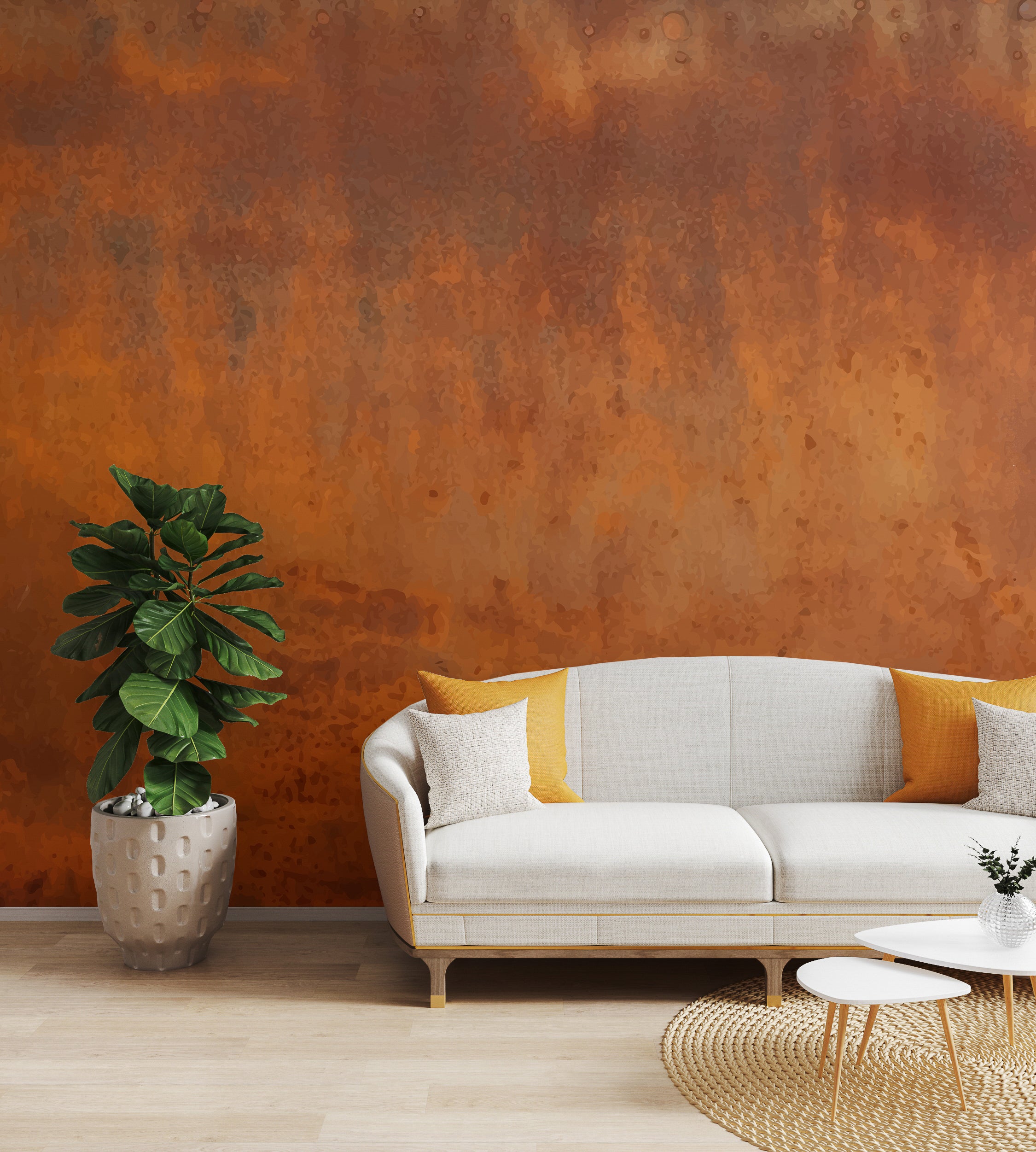 Industrial living room wall mural featuring burnt orange rust texture accent wall design