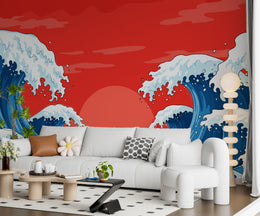 Ocean wave wall mural with bold blue waves and red sky living room decor