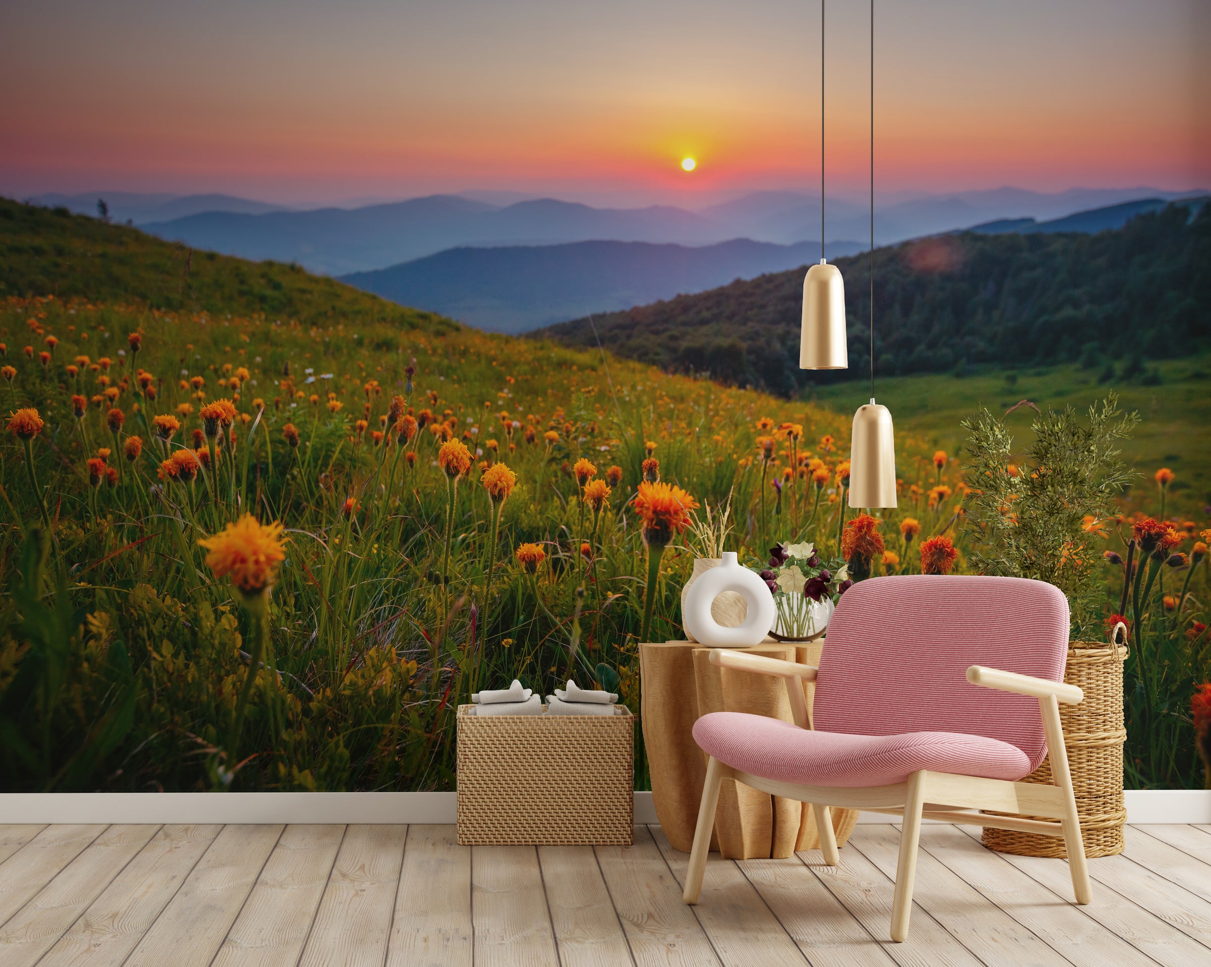 Golden Hour Meadow Nature Peel and Stick Wallpaper