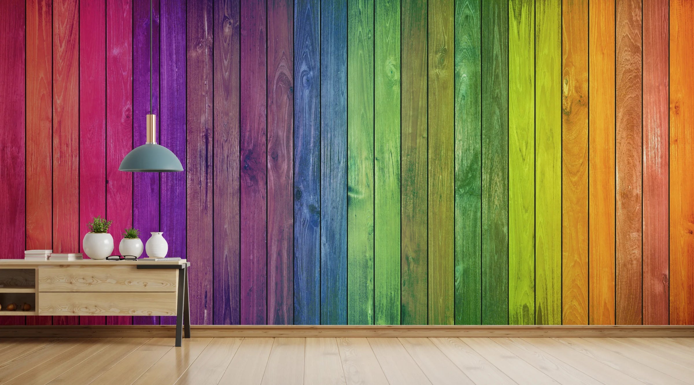 Colorful Wood Stripe Wall Mural | Rainbow Self Adhesive Wallpaper image 4