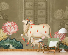 Sacred Pichwai Kamdhenu Wallpaper | Indian Cultural Removable Wall Mural image 0