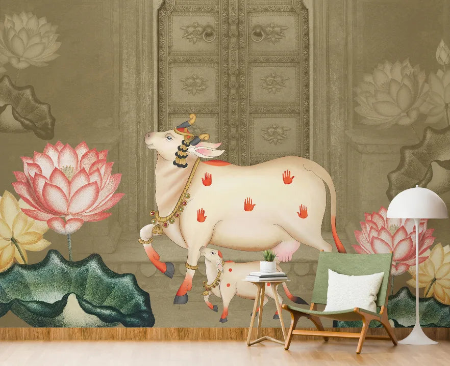 Sacred Pichwai Kamdhenu Wallpaper | Indian Cultural Removable Wall Mural