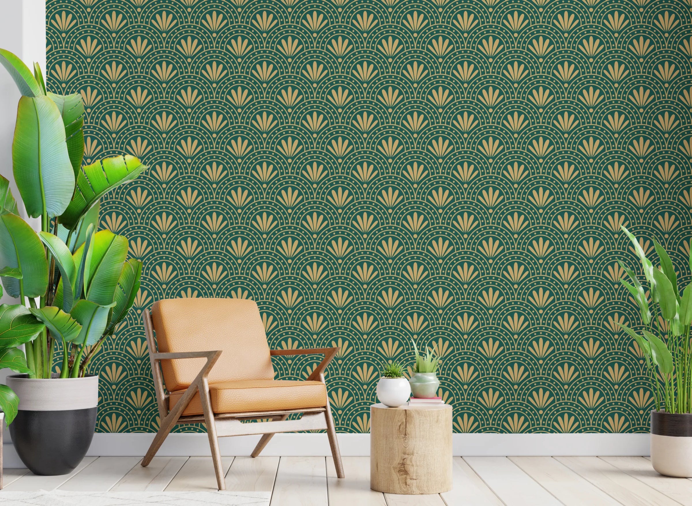 Art Deco Fan Wallpaper | Green Gold Peel And Stick Wall Decor image 0