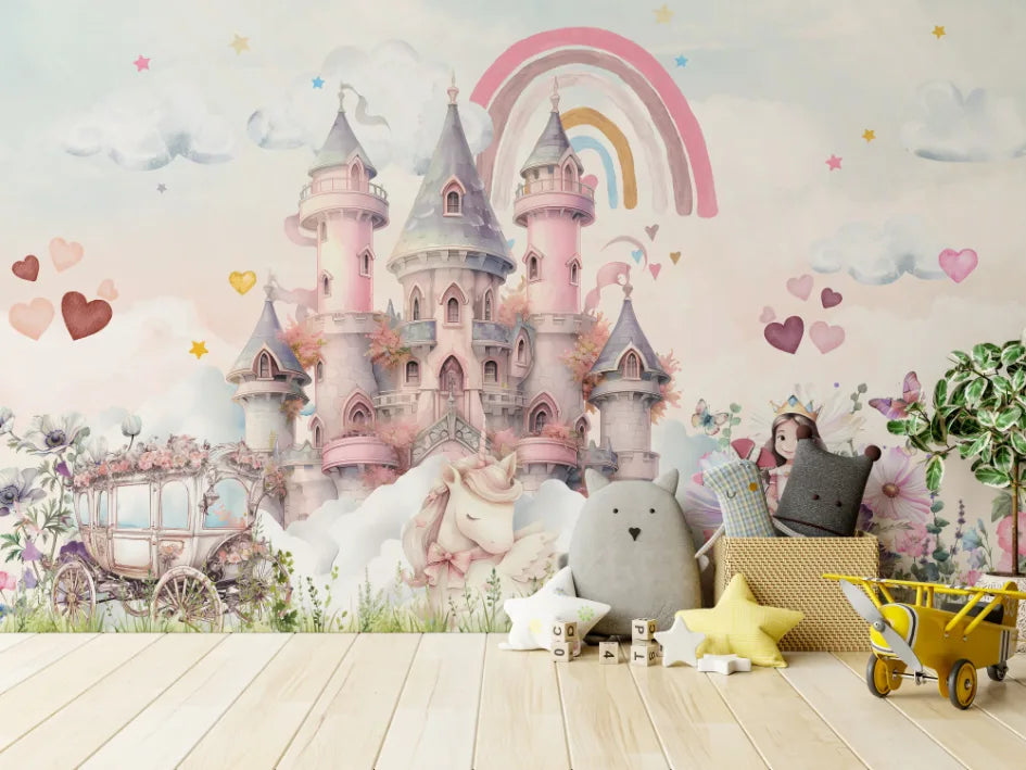 Pink Castle Kids Wallpaper with Rainbow Unicorns | Peel and Stick Wall Mural image 2