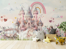 Pink Castle Kids Wallpaper with Rainbow Unicorns | Peel and Stick Wall Mural image 2