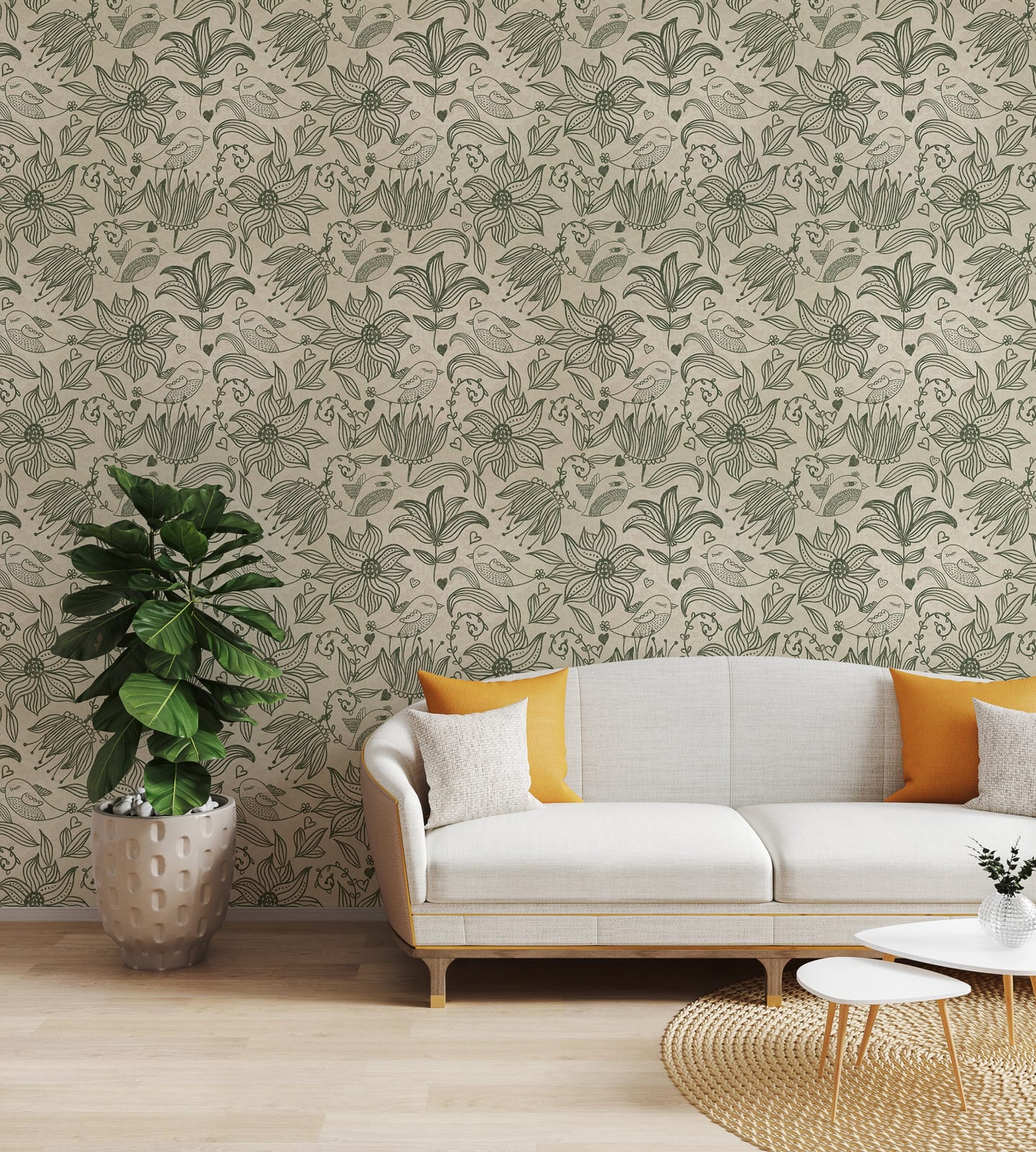 Botanical Bird Floral Wall Decor | Sage Green Line Art Removable Wallpaper