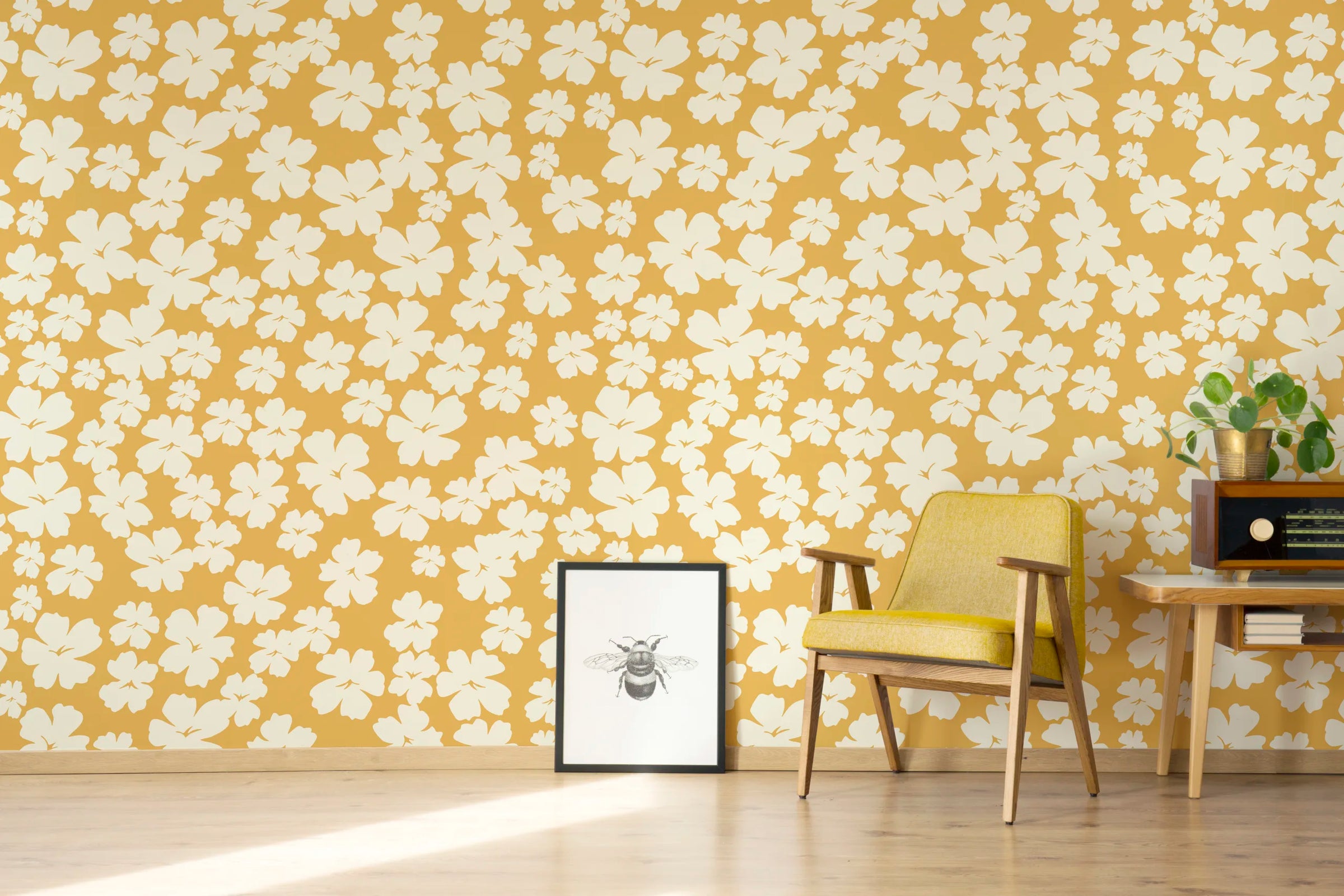 White Flower Wall Decor | Mustard Yellow Bloom Peel and Stick Wallpaper image 1