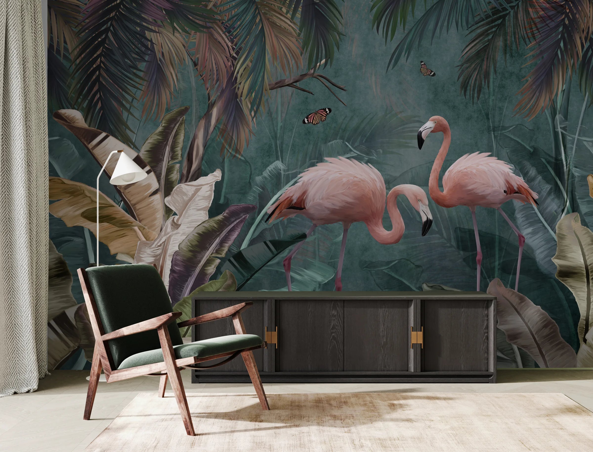 Pink Flamingo Tropical Peel and Stick Wallpaper | Teal Green Jungle Wallpaper image 3