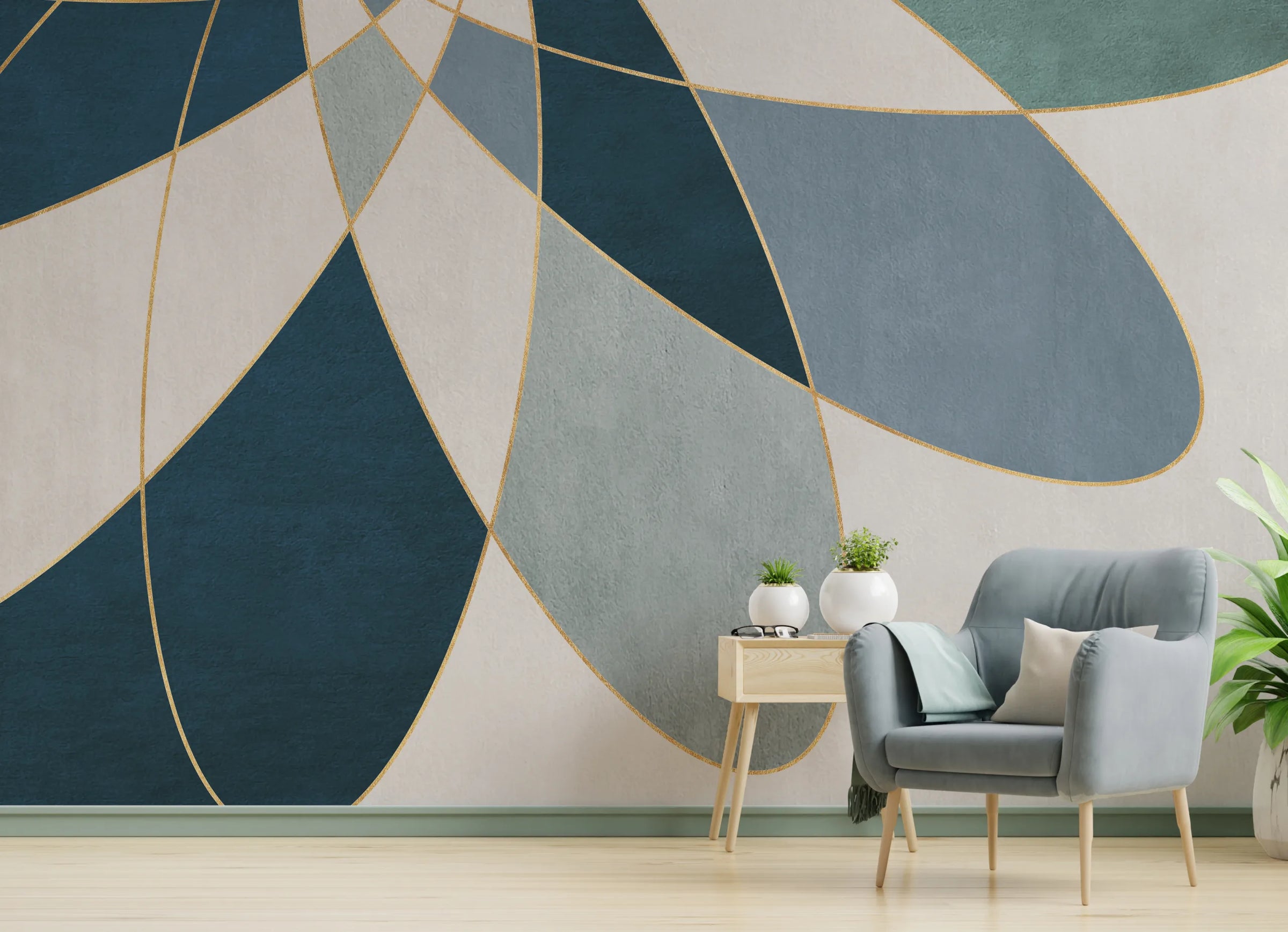 Blue Gold Geometric Wall Mural | Abstract Peel and Stick Wallpaper image 5