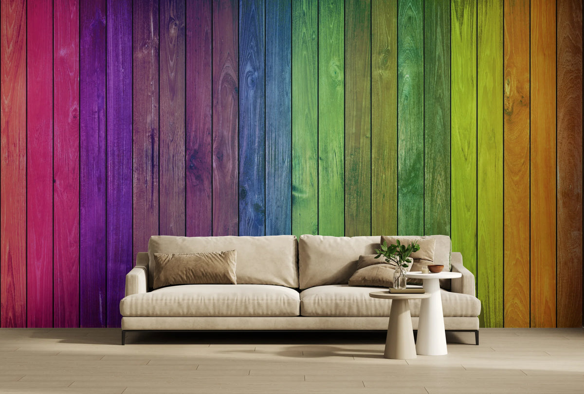 Colorful Wood Stripe Wall Mural | Rainbow Self Adhesive Wallpaper