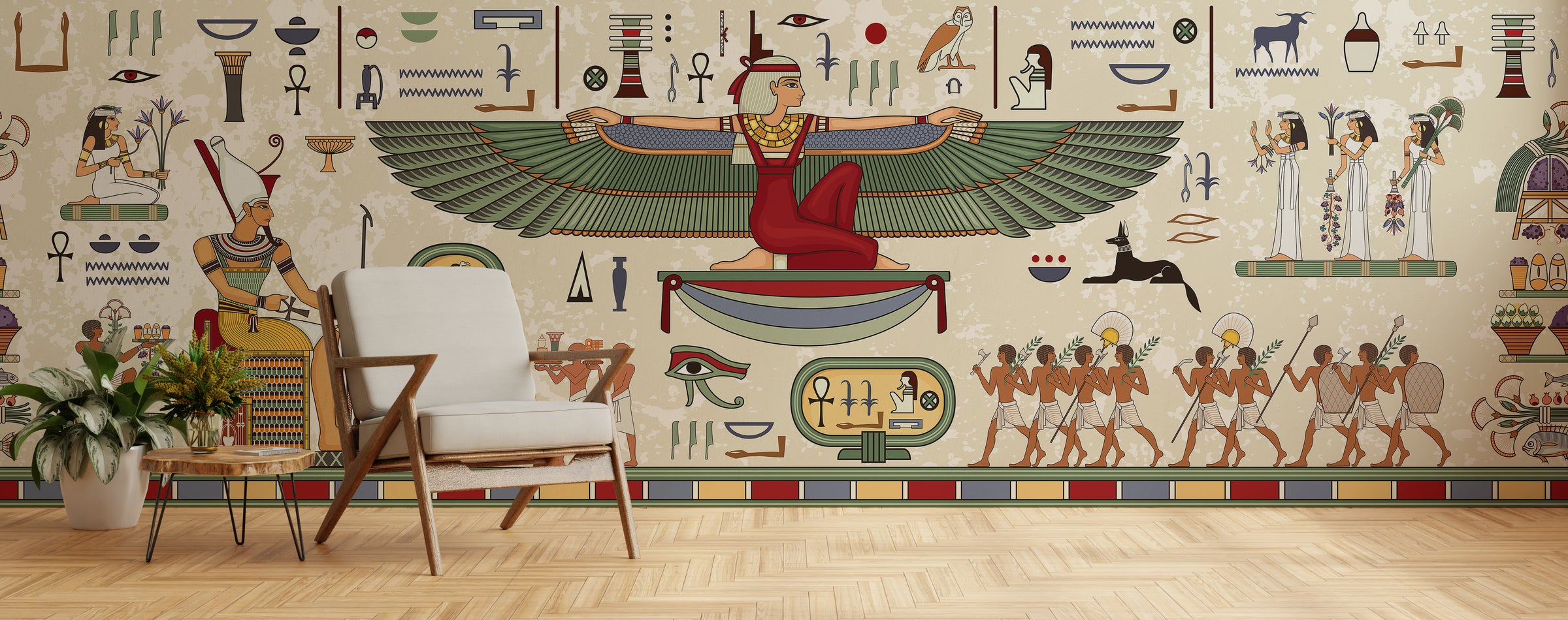 Egyptian mural showcasing traditional hieroglyphs and figures, stylish workspace or creative studio