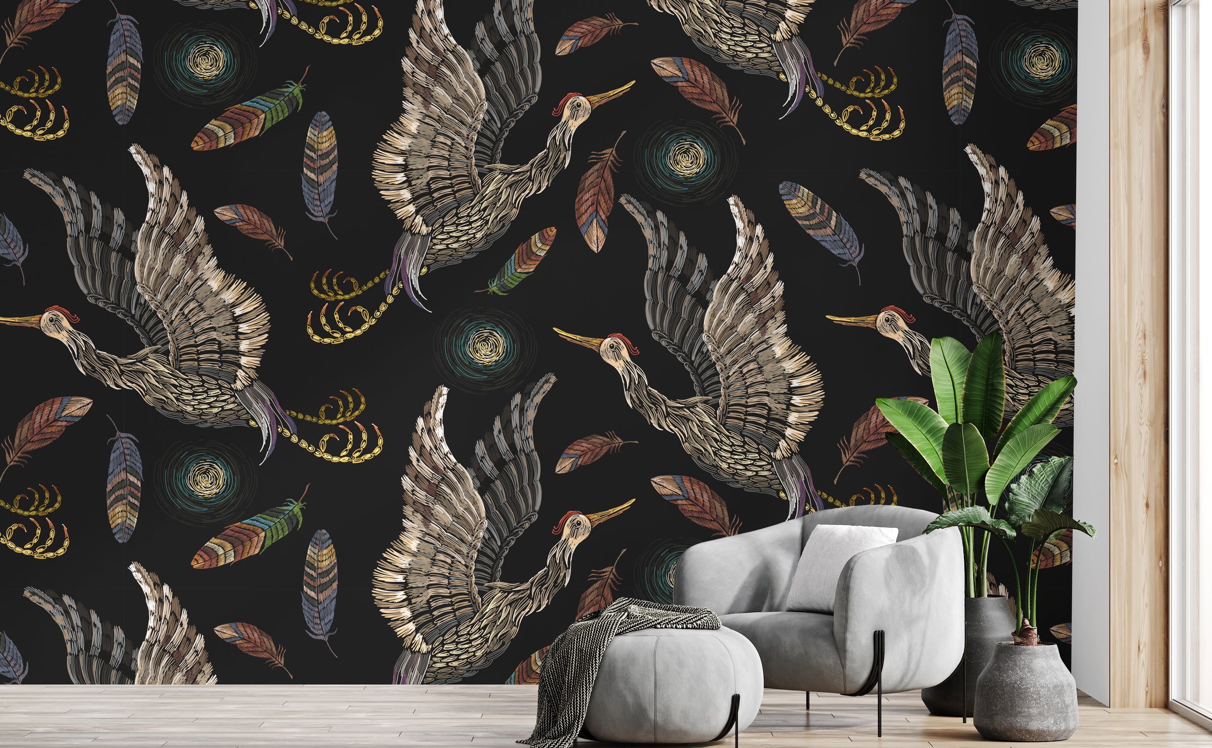Elegant crane wall mural featuring flying birds, black tones, stylish bedroom interior statement design