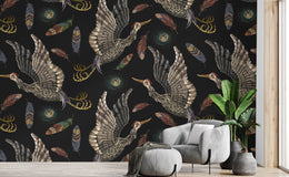 Elegant crane wall mural featuring flying birds, black tones, stylish bedroom interior statement design