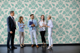 Teal damask peel and stick wallpaper in cozy home office aesthetic setup